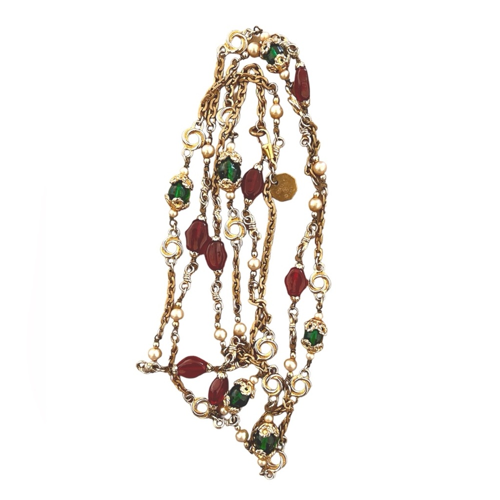 *SOLD* CHANEL 1984 LONG RED GREEN GRIPOIX PEARL SAUTOIR NECKLACE 64 inches